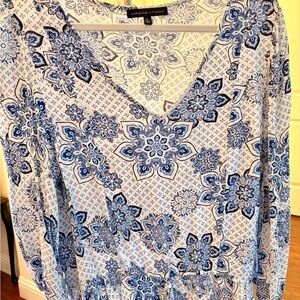 Adrienne Vittadini White and Blue Patterned Blouse